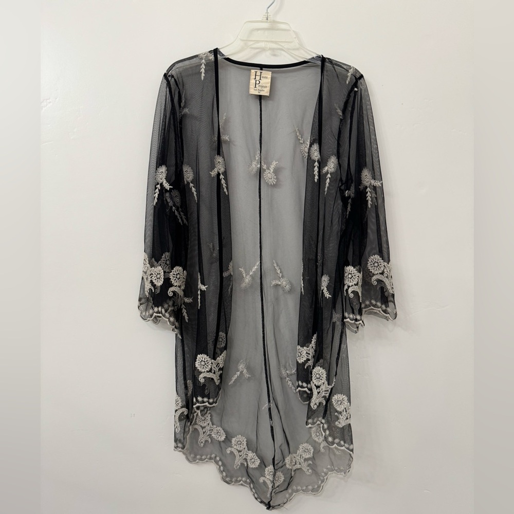 Sheer Black Embroidered Floral Kimono